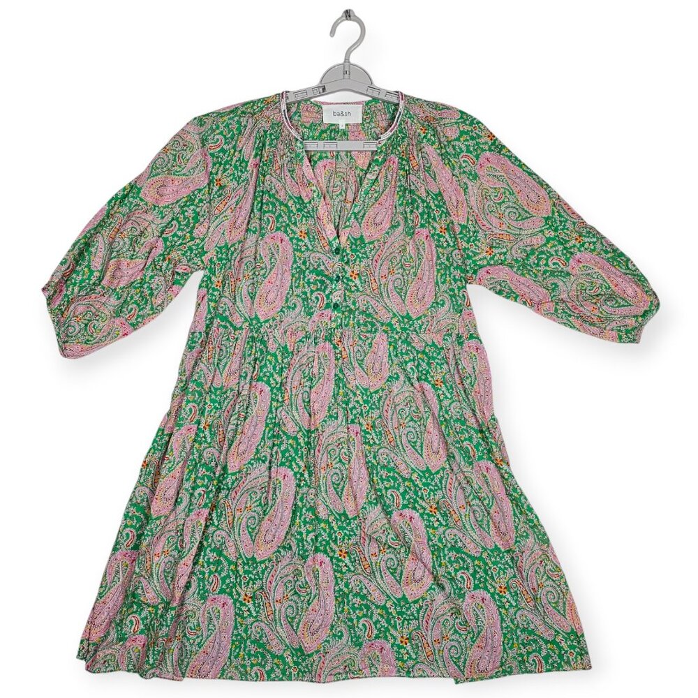 ba&sh Odeon Paisley Print Mini Dress Green Pink Cotton Size 2